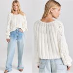 Free People  Chunky Cable Knit Sandre Pullover Sweater Ivory XL Preppy Classic Photo 7