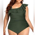Aqua Eve Plus Size One Shoulder Ruffle Tummy Control Swimwear Green Photo 0