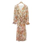 Bohme Böhme Floral Midi Dress Size Medium Long Sleeve Belted Pleated Boho Peach Sage Photo 1
