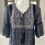 Artesia Boho Dress Casual Mini with Neck Ties Tassels Navy Cream Size S Photo 2