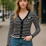 Nanette Lepore NWT  V Neck Striped Pearl Embroidery Striped Stretch Cardigan M Photo 1