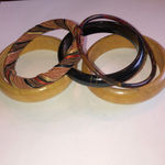 5 Boho Tan & Black Wooden Fabric Bangle Bracelets Photo 1