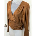 Moa Moa  Brown Beige Long Sleeve Ruched V Neck Wrap Crop Top Large Womens Photo 1