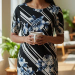 Roz & Ali  Women Black Blue Floral Stripe Short Sleeve Knee Length Dress Size M # Photo 0