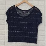 Garage navy lace short sleeve cropped pocket tee women’s size L Photo 0