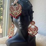 3 piece set earrings and tikka costume jewelry Pakistani Indian Bollywood Style Red Photo 0