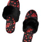 Victoria's Secret Black Red Cherry Satin Slippers Medium Photo 0