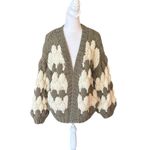 POL Chunky Knit Cardigan Sweater Oversized Olive Green and Cream Womens Small Photo 1