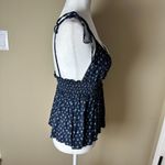 SYSTEMACTION Navy Blue Print Lace Trim Peplum Top Size Medium Photo 5