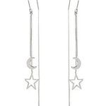 Silver Moon Star Threader Long Tassel Earring Chain, Drop Dangle Woman Earrings Photo 7