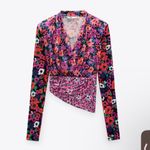 ZARA Floral Wrap Long Sleeve Shoulder Pad Top Photo 3