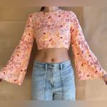 ZARA Paisley Printed Open Back Bell Sleeve Crop Top 7521 Photo 2