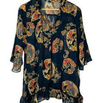 Lilly Lou Paisley Floral Sheer Bell Sleeve Top Navy Blue Tie Women Size Medium Photo 0