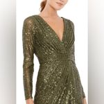 Mac Duggal Ieena olive green sequin full length long sleeve high slit gown. 6 Photo 2