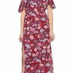 Lucky Brand  Red Wine Bohemian Floral Maxi Dress Off The Shoulders Size L Large Photo 0