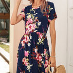 Calipessa Short Sleeve Floral Print Dress in Navy Blue Size M Photo 0
