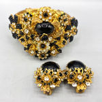 Vtg M&M Designs Gold Tone Black Crystal Beaded Floral Bangle Bracelet Earring Photo 0