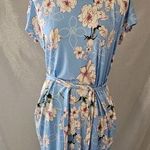 Pop young Blue Floral Midi Dress Size Large Pockets Cap Sleeve Belt White Flower Photo 0