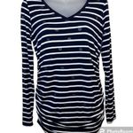 Motherhood Maternity Navy and White Striped Long Sleeve V Photo 0