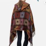 NWOT eUty Oversized Patterned Poncho Shawl Hoodie 2 Button Closure Tassels Brown Photo 1