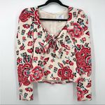 Rebecca de Ravenel women Abstract Floral Puff Sleeve Silk Blouse Top Cream Red 4 Photo 7