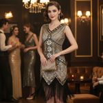 1920s Flapper Great Gatsby Charleston Sequins Beaded Fringe New Year Dress Gold Size M Photo 1
