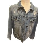 Denim Jacket Aztec Blanket Back Distressed‎ Jean Coat Western Style Blue Size M Photo 4