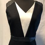 Ann Taylor Day Dress Stretch Poly Blend Black Tan White Dbl V Neck Lined Zipper Photo 2