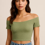 Princess Polly Green Ribbed Off-Shoulder Crop Top XS/S Boho Coastal Preppy Photo 0