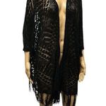 Bear Dance  Black Shawl Look Open Front Fringed Cardigan Crochet Knit Coverups M Photo 0