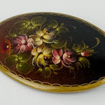 Artisan Hand Painted Floral Oval Brooch Vintage Signed 1961 Wooden Pin Photo 0