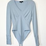 7 For All Mankind Ribbed Long Sleeve Bodysuit Size Small Light Blue V-Neck Photo 1