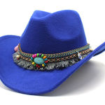 Blue Western Cowboy, Cowgirl Hat, Bead Tassle Strap, Men Women‎ Retro Wide Brim Photo 0
