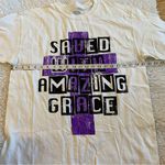 Womens Large Tee Shirt WHITE Christian SAVED WITH AMAZING GRACE Purple Cross L Photo 2
