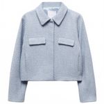 Mango Cropped Tweed Jacket with Pockets Sky Blue Size XXL Photo 1