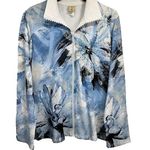 Jess & Jane Wind Poems Blue Floral Rhinestone Zipper Knit Jacket Size Medium White Photo 0