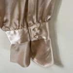 Bloomingdales Vintage Satin Ruffle Peplum Blouse SZ L Poet Sleeve Tan V Neck Button Up Romanti Photo 4