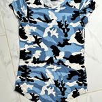 Poof! Women's  NY Blue Camo Stretch Super Soft Crew Neck Top SMALL Photo 0