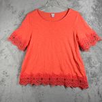 Chico's  Shirt Coral Orange Slub Lace Hem Top Womens XL Scalloped Crochet Detail‎ Photo 1