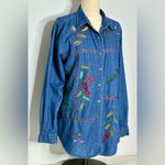 90’s Embroidered Denim Button Down Shirt with Holiday Berries, Leaves, sz Medium Blue Photo 1