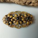 Antique Brooch Victorian Art Nouveau Gold Tone Floral Gilt Brass Dark Glass Photo 9