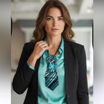 “Dainty Dapper” black necktie necklace with aqua stripes. Aqua flower brooch Photo 1