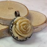 Ivory Rose Pendant Necklace with Ornate Metal Frame Silver Photo 5