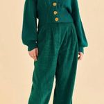 Farm Rio Emerald Green Bubble Sleeve Gold Button Up Cardigan Sweater Photo 1
