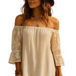 Cal Style Tunic Dress Off the Shoulder 3/4 Lace Sleeve Beige Boho Chic Festival Tan Size L Photo 0