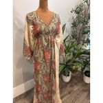 ZARA BASIC Paisley Print Maxi Dress Long Sleeve V Neck Boho Beach Vacation Small Tan Photo 1