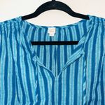 The Loft Beach Teal & Blue Striped Tassel Split Neck Popover Top Photo 1