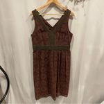 Y2K brown floral eyelet olive crochet trim babydoll midi sleeveless dress Size L Photo 8