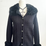 Vintage 70s Black Fur Trim Cardigan Retro Glam Whimsigoth Goth Medium Photo 0