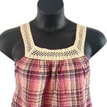 Lovers Rock Juniors Plaid Sleeveless Tank Top Size Large, Crochet Trim Tie Waist Brown Photo 4